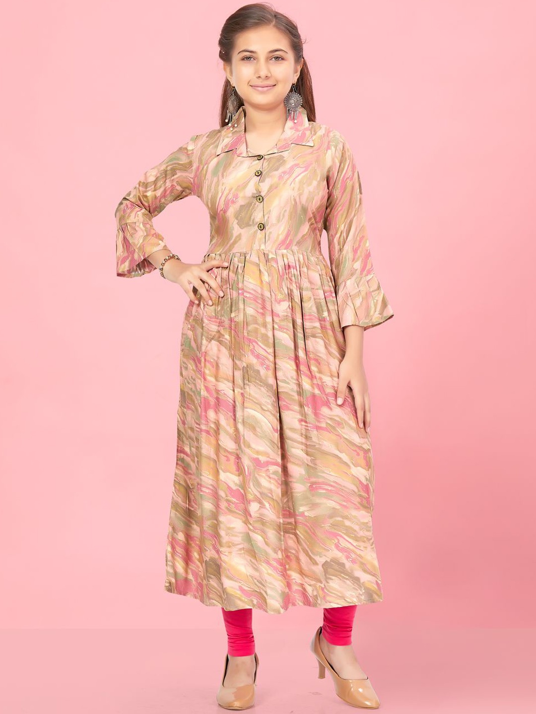 

BAESD Girls Abstract Printed Bell Sleeves A-Line Kurta, Pink