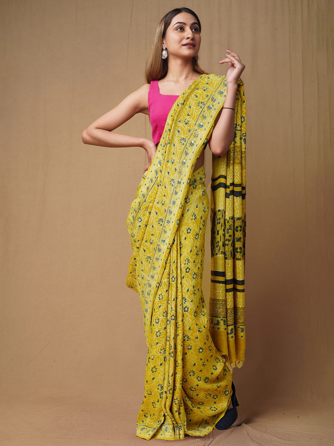 

Unnati Silks Ajrak Block Mirror Work Art Silk Handloom Chanderi Saree, Yellow