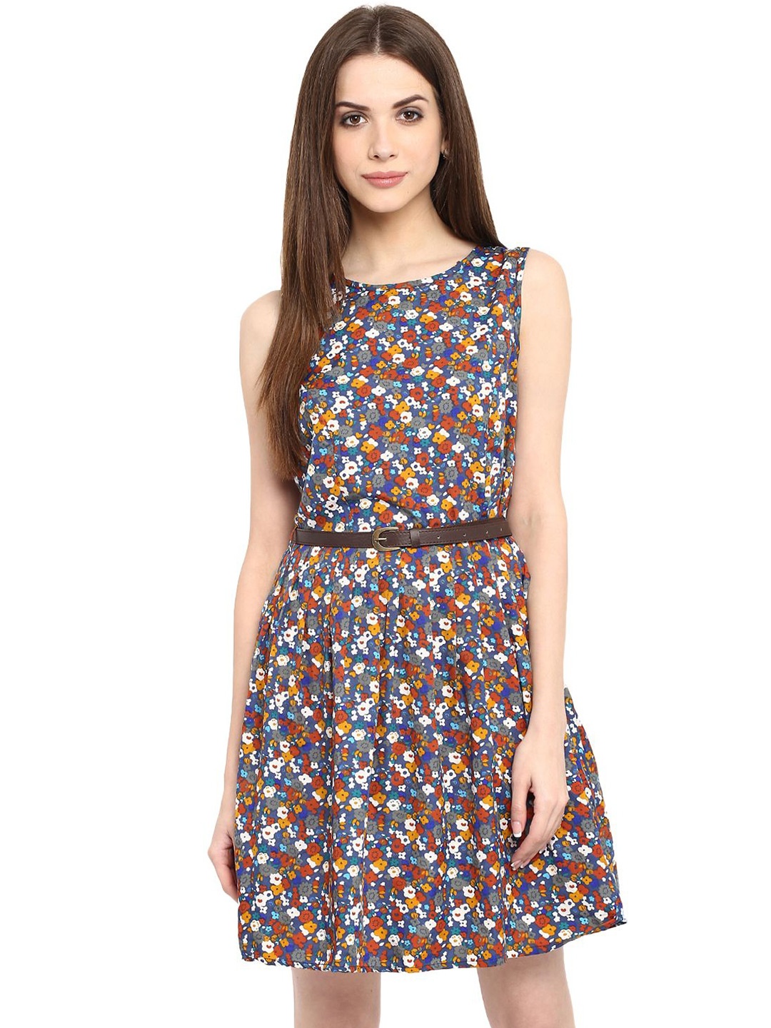 

La Zoire Round neck Fit & Flare Floral Dress, Navy blue