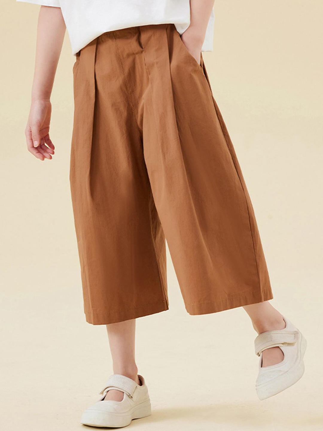 

INCLUD Girls Solid Printed Straight Fit Culottes Trousers, Brown