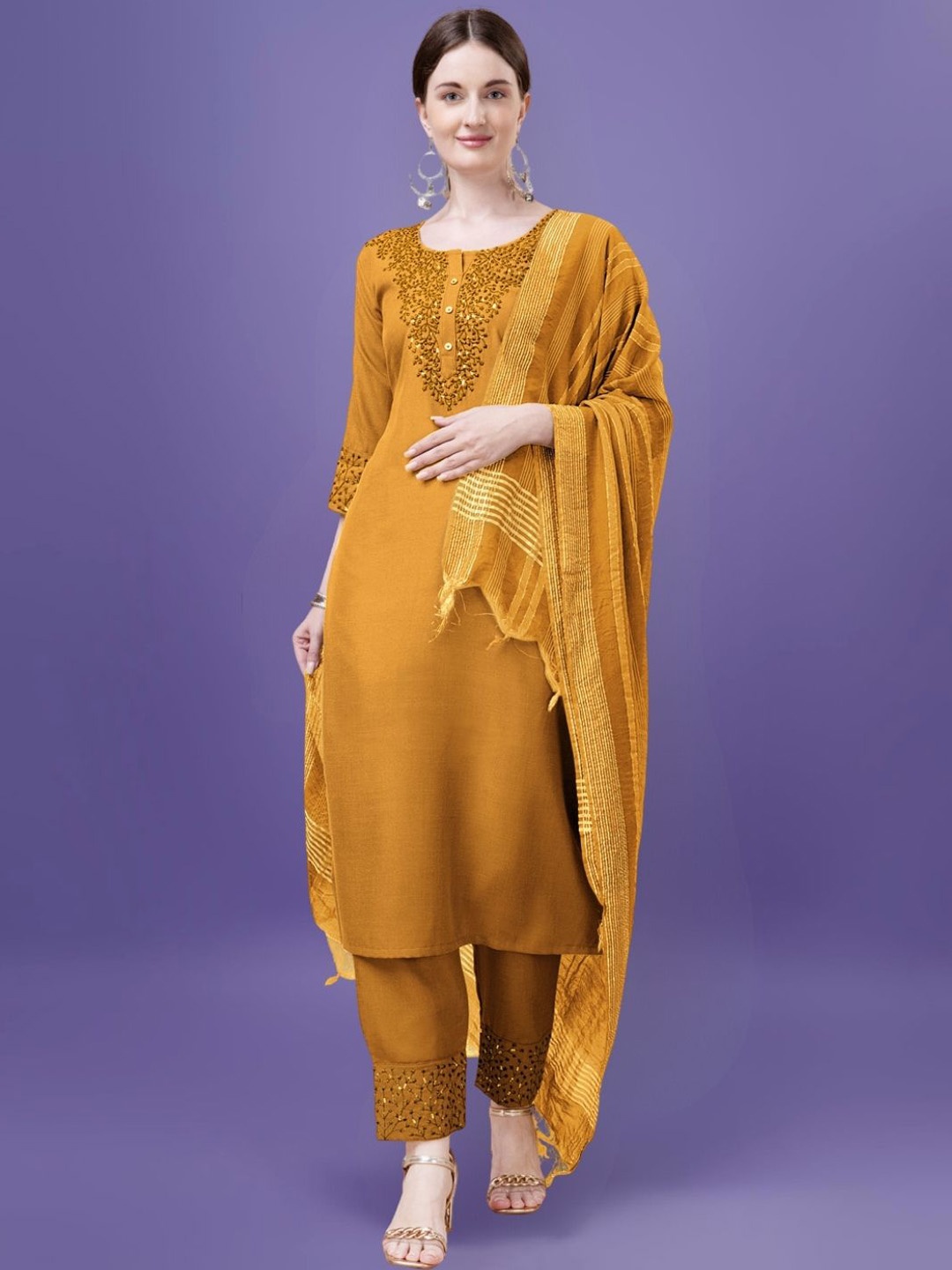 

MAGMINA Floral Embroidered Thread Work Straight Kurta With Trousers & Dupatta, Yellow