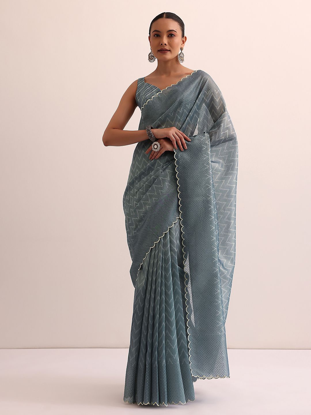 

KALKI Fashion Printed Beads and Stones Geometric Saree, Blue