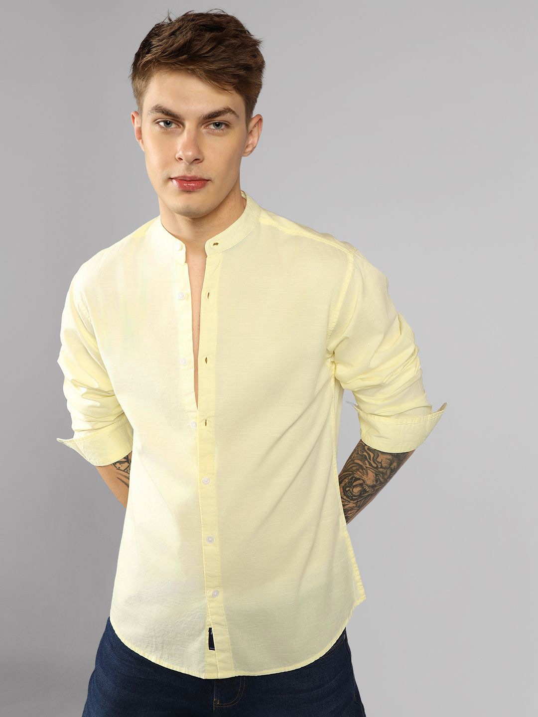 

Dennis Lingo Men Mandarin Collar Solid Cotton Casual Shirt, Yellow