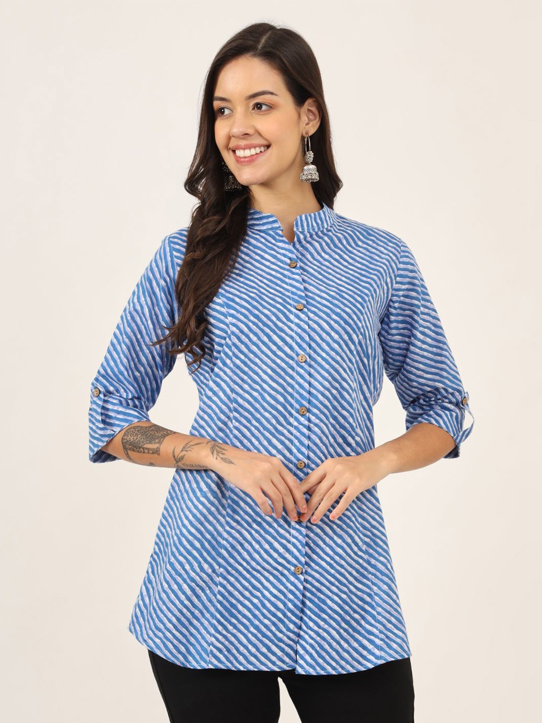 

KALINI Women Striped Mandarin Collar Cotton Top, Blue