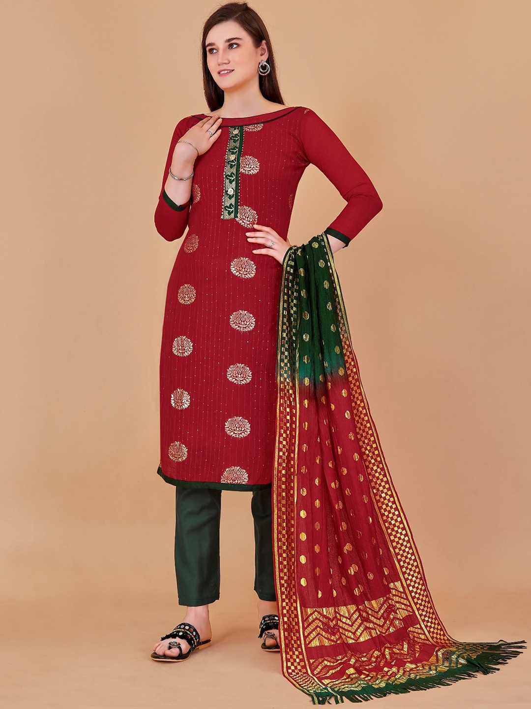 

LADY SHOPI Zari Floral Embroidered Unstitched Dress Material, Red