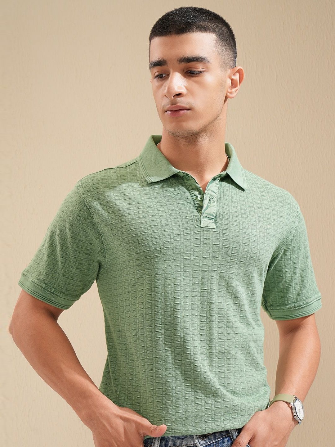 

HIGHLANDER Men Knitted Textured Polo Collar Tshirt, Green