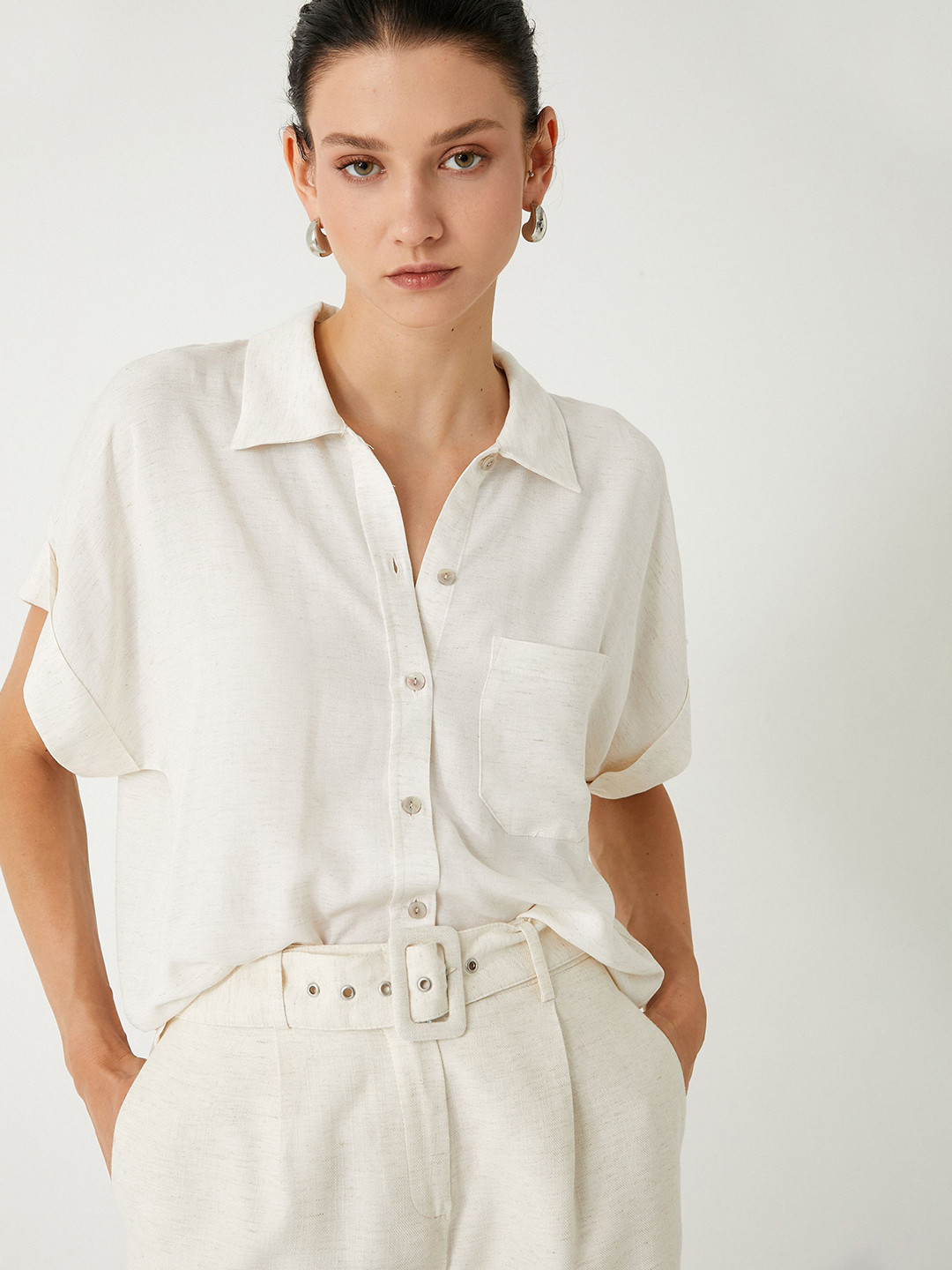 

Koton Women Spread Collar Solid Casual Shirt, Beige