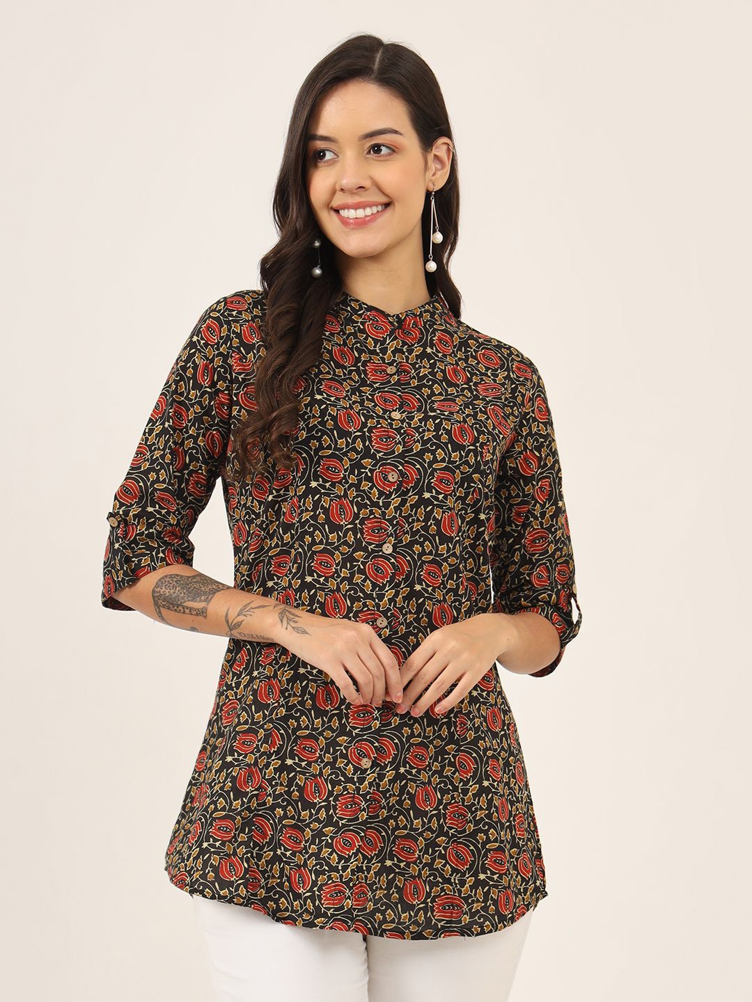 

KALINI Women Floral Printed Mandarin Collar Cotton Top, Red