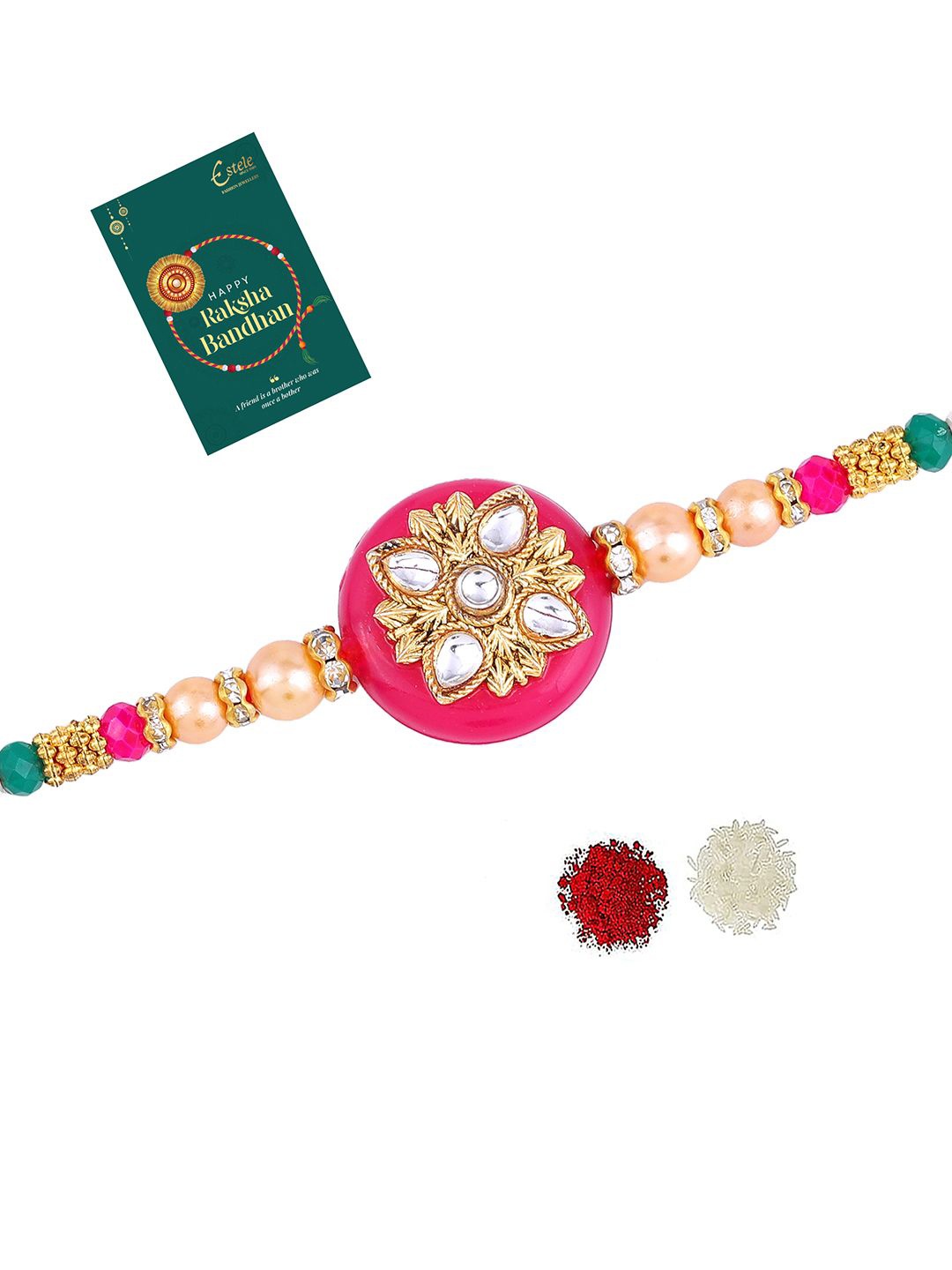 

Estele Trendy Round Rakhi With Roli Chawal & Greeting Card, Pink