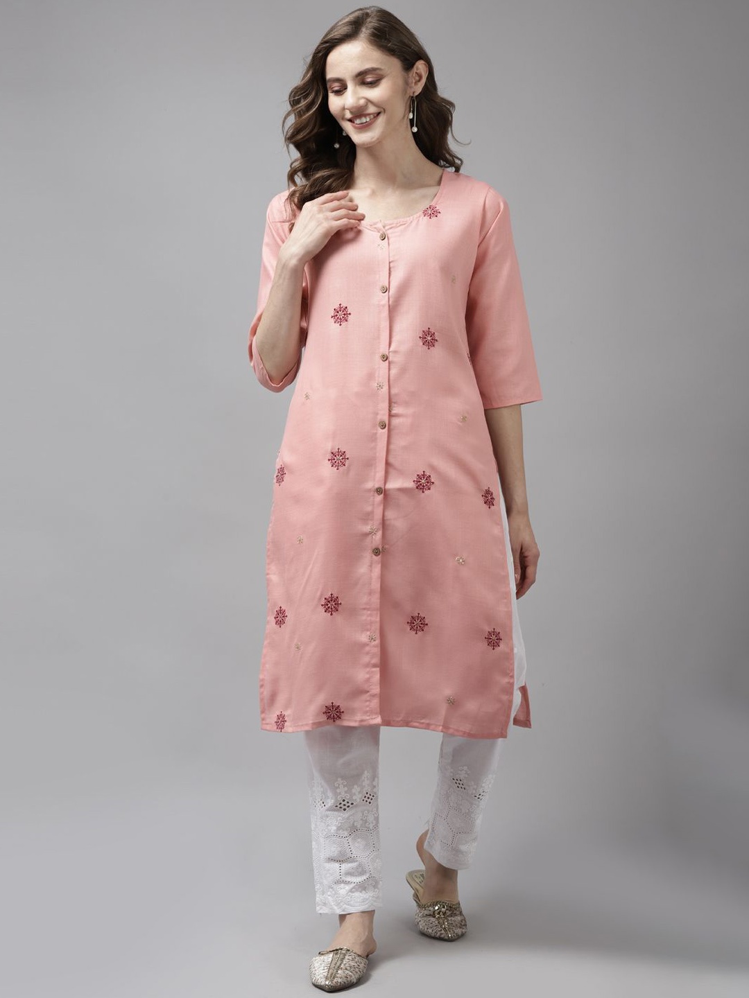 

BAESD Floral Embroidered Round Neck Thread Work Pure Cotton Straight Kurta, Pink