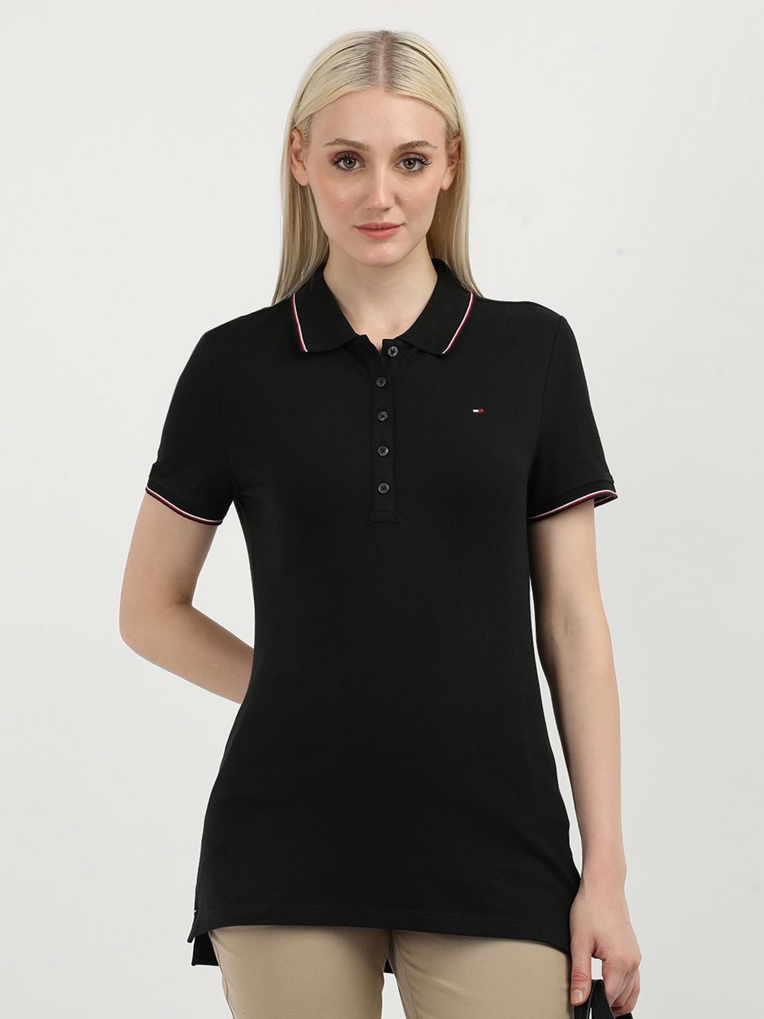 

Tommy Hilfiger Women Solid Polo Collar Cotton T-Shirt, Black