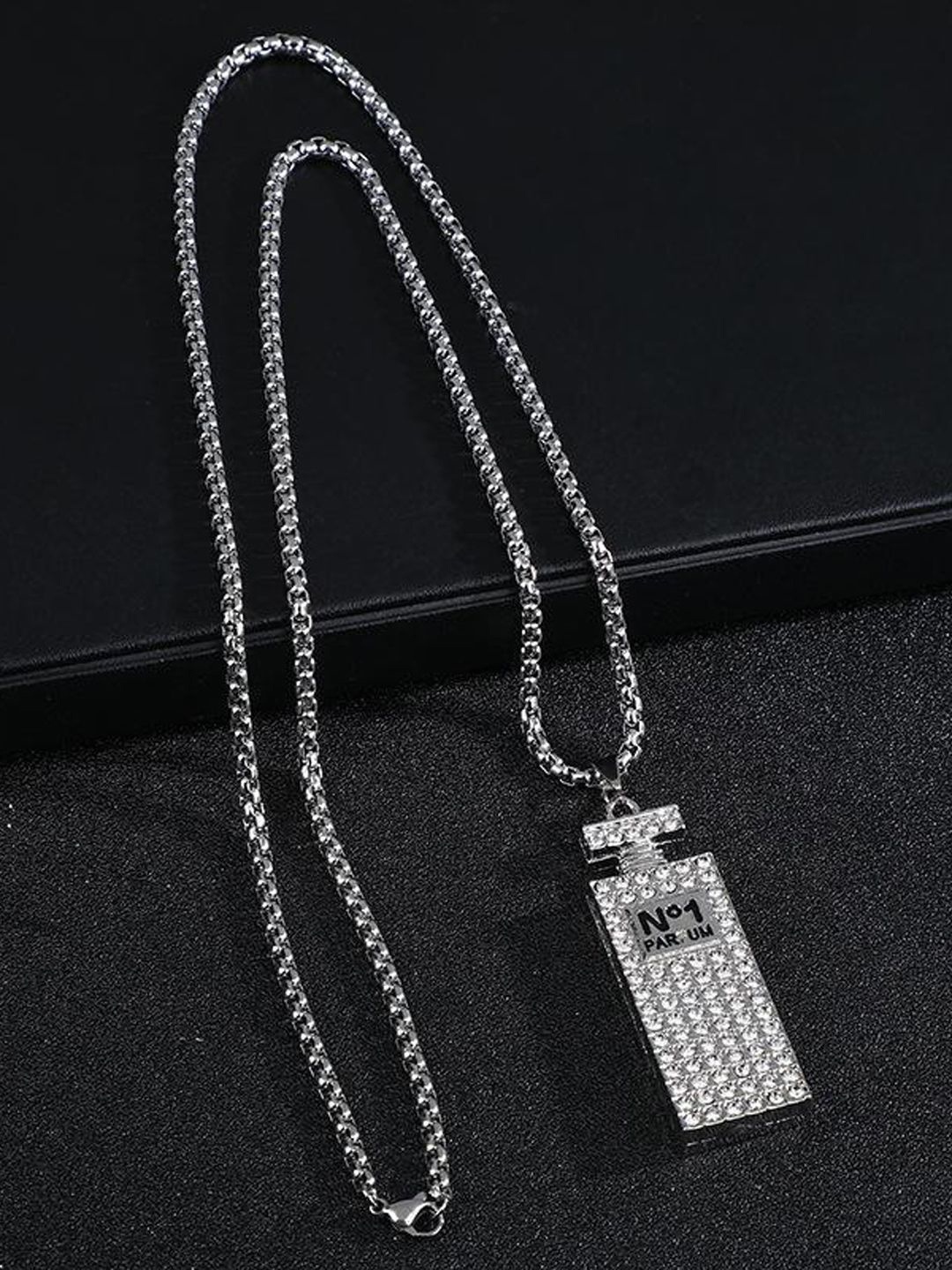 

KRENOZ Men Silver-Plated Stainless Steel Stones-Studded Pendant With Chain