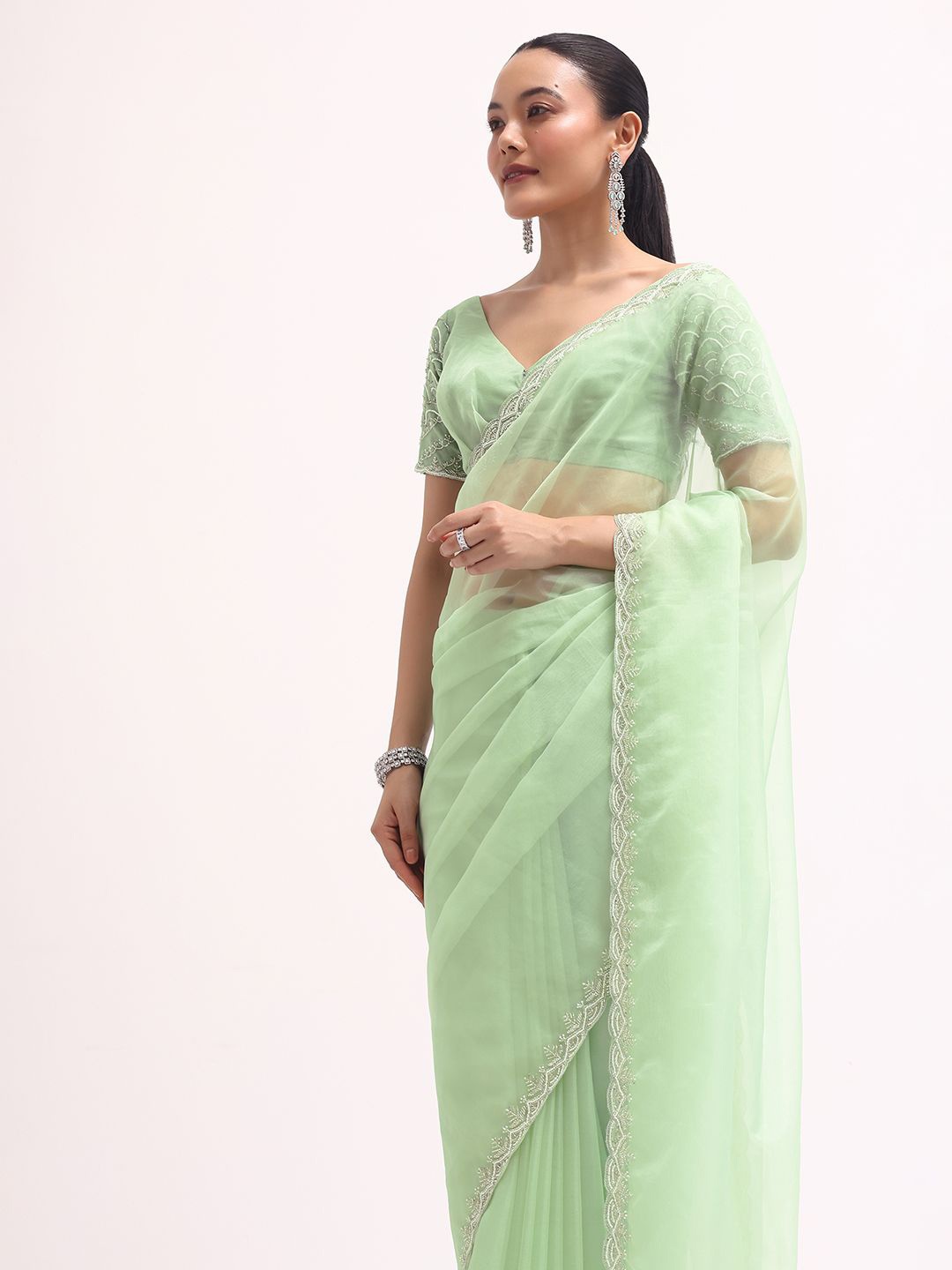 

KALKI Fashion Embroidered Ethnic Motifs Organza Saree, Green