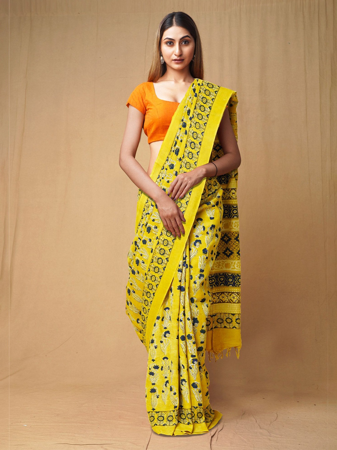 

Unnati Silks Ajrak Block Handloom Chanderi Saree, Yellow