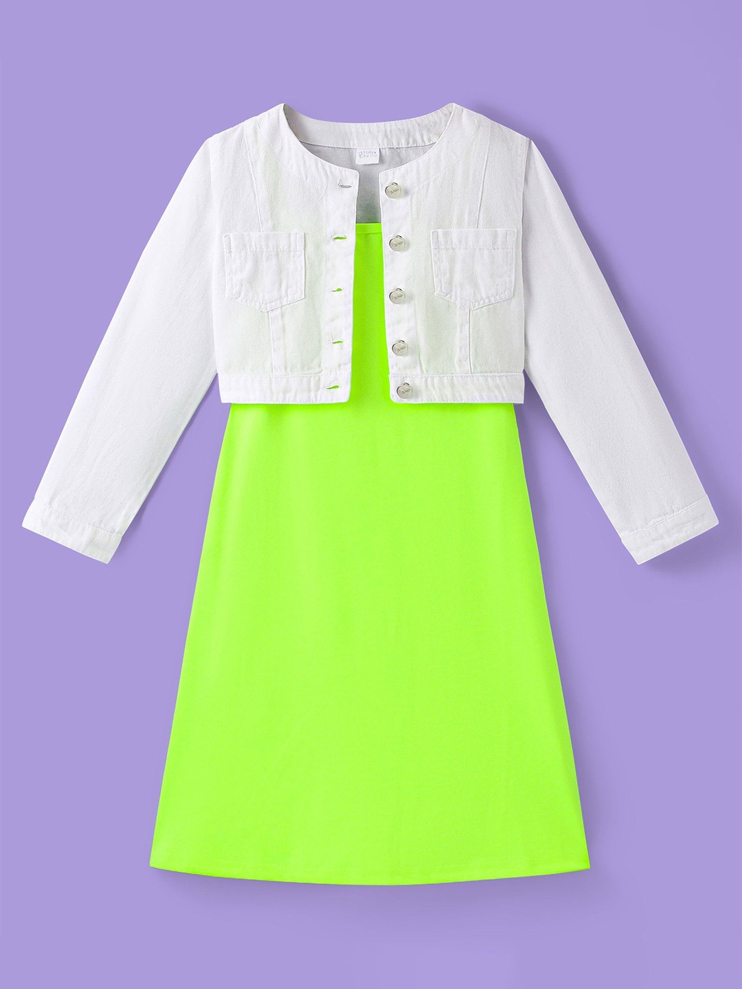 

Hola Bonita Girls Shoulder Straps A-Line Dress With Denim Jacket, Lime green