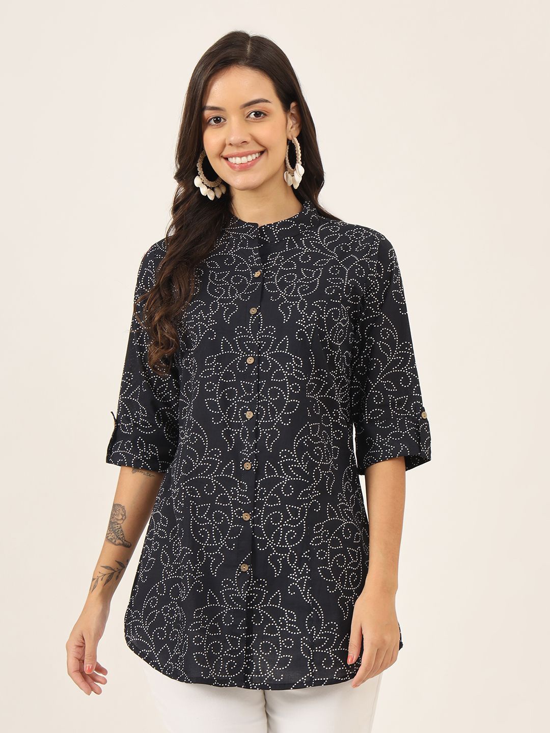 

KALINI Women Abstract Printed Mandarin Collar Cotton Top, Navy blue