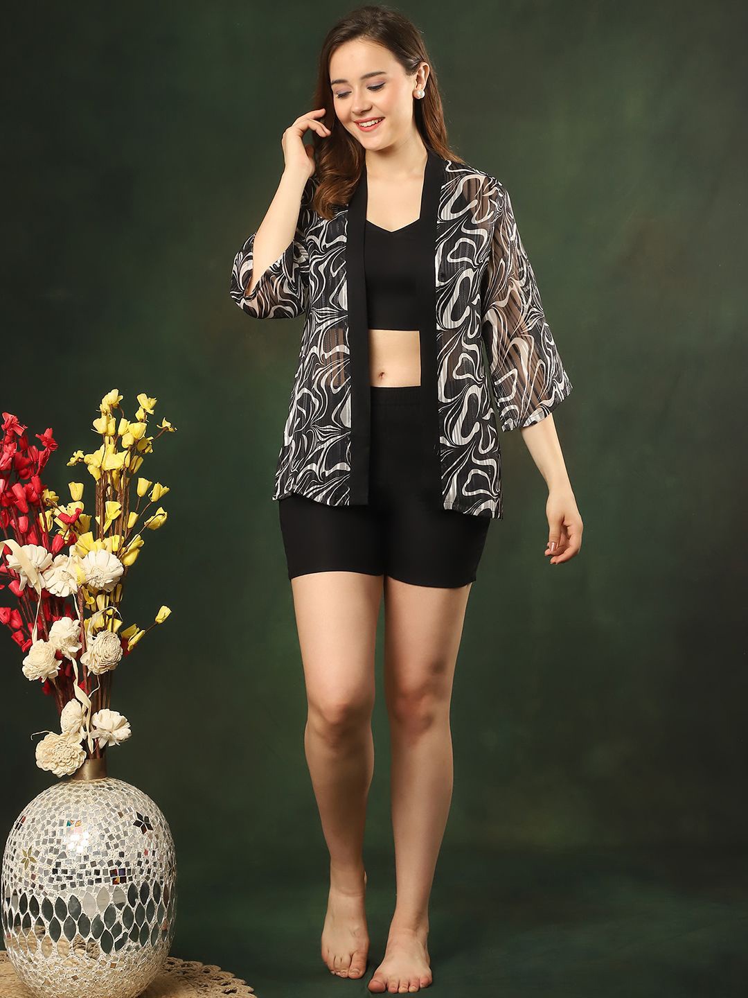 

Claura Printed Swimwear Cover up Set, Black