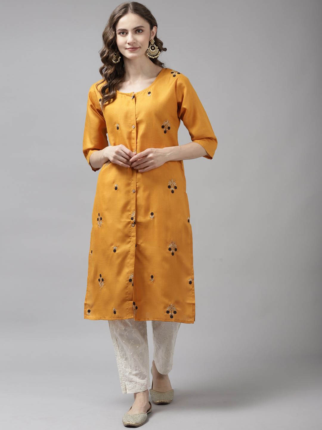 

BAESD Women Floral Embroidered Cotton Straight Kurta, Mustard