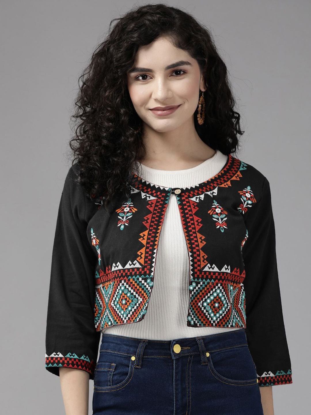 

BAESD Women Geometric Cotton Windcheater Longline Tailored Jacket with Embroidered, Black