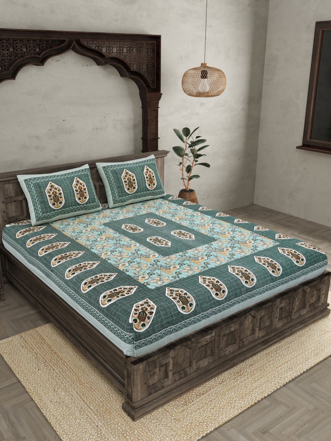 

JAIPUR FABRIC Green Ethnic Motifs 144 TC Pure Cotton King Bedsheet with 2 Pillow Covers