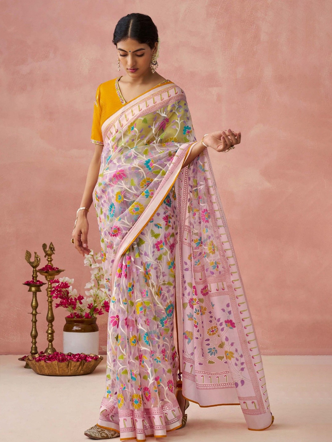 

MySilkLove Woven Design Floral Saree, Pink