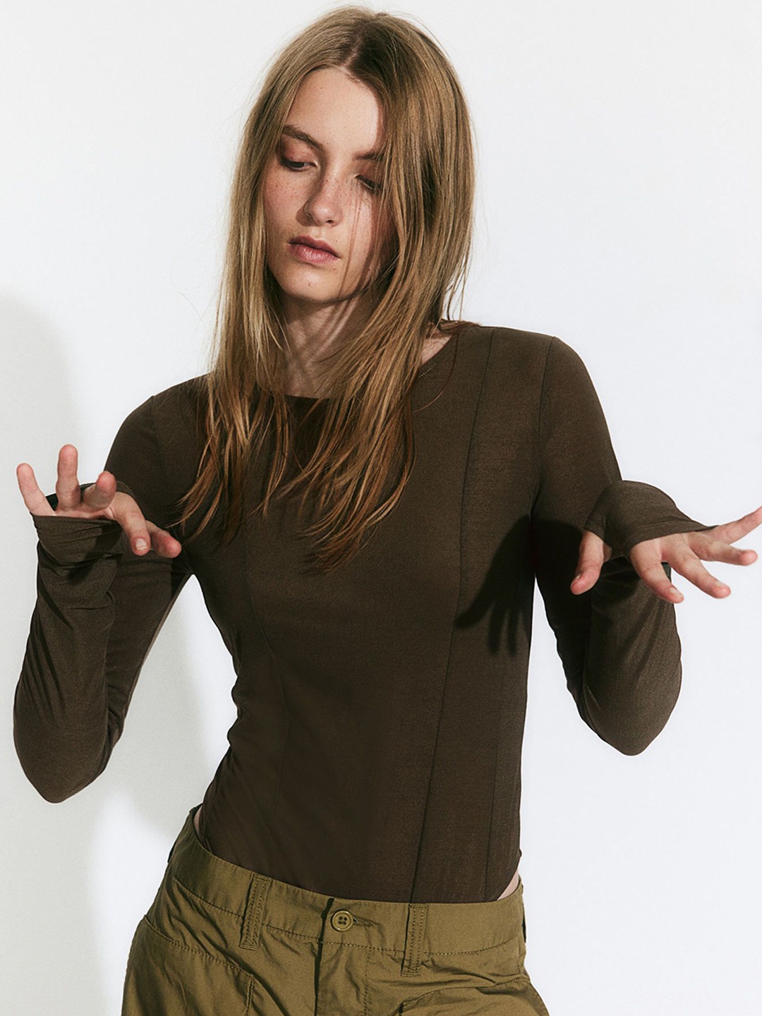 

H&M Textured Jersey Thong Bodysuit, Brown