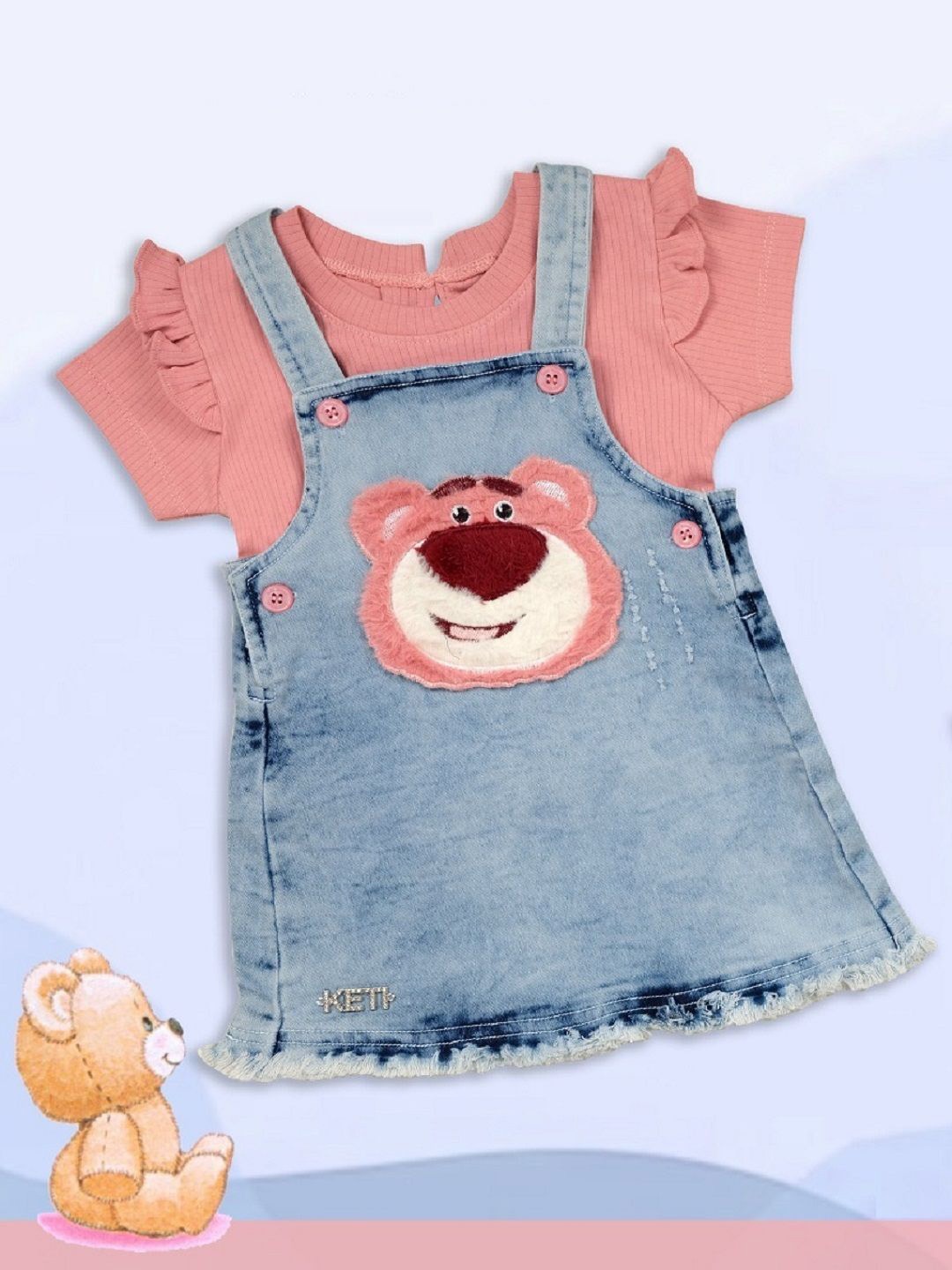 

Babys Day Girls Jeans Printed Cotton Dungaree With T-Shirt, Peach