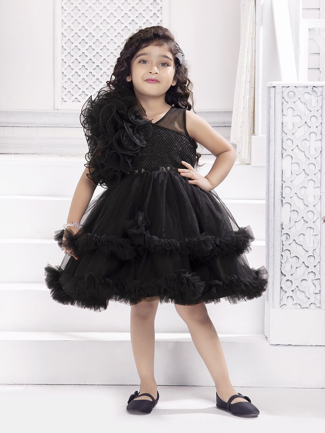 

Ministitch Girls Net Fit & Flare Dress, Black