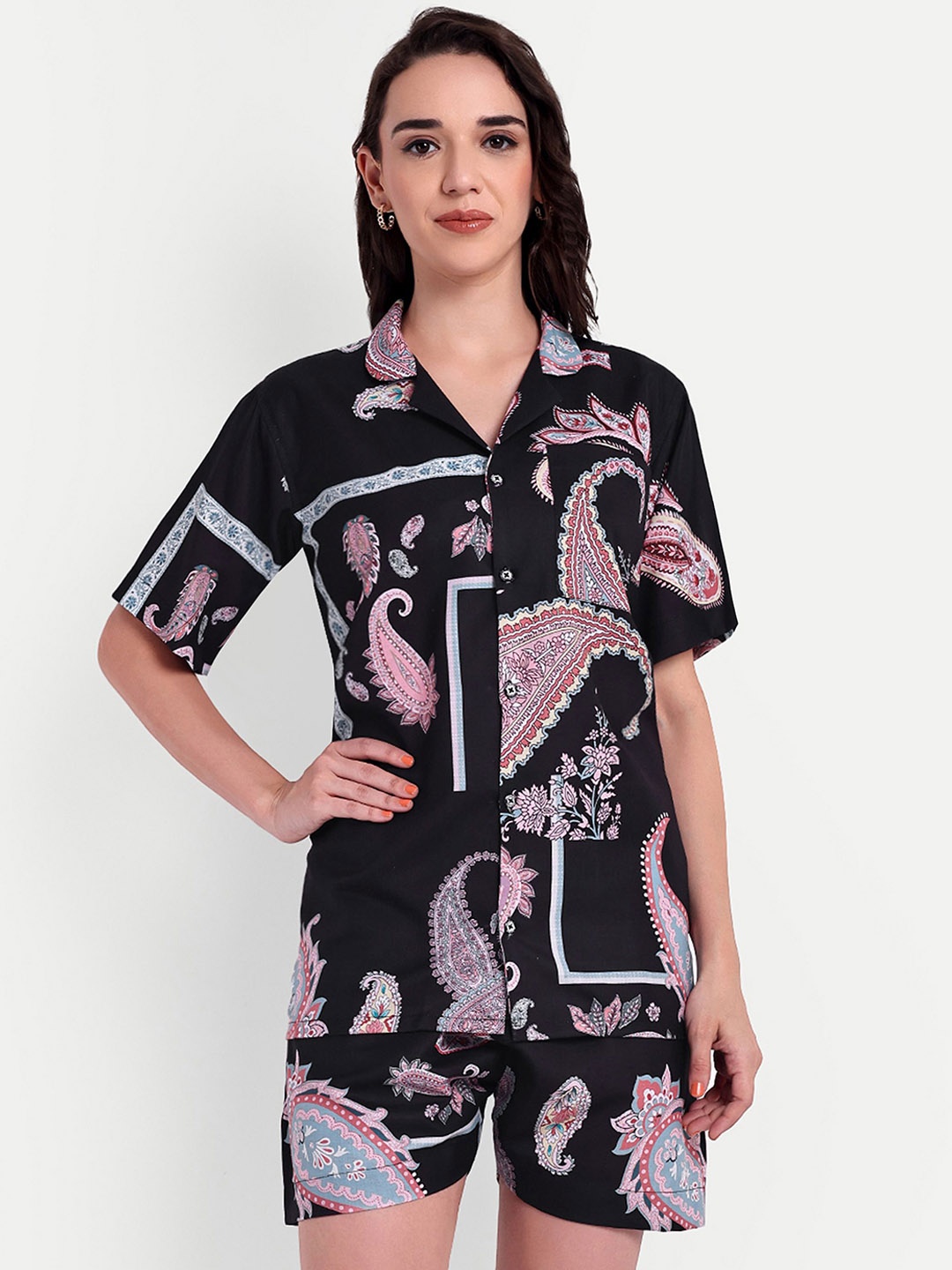 

TILISM Printed Cotton & Linen Collar Shirt With Shorts Co-Ords, Black