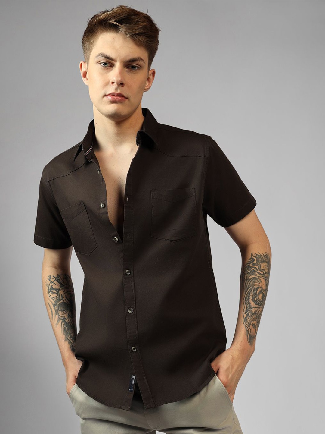 

Dennis Lingo Men Spread Collar Solid Cotton Casual Shirt, Brown