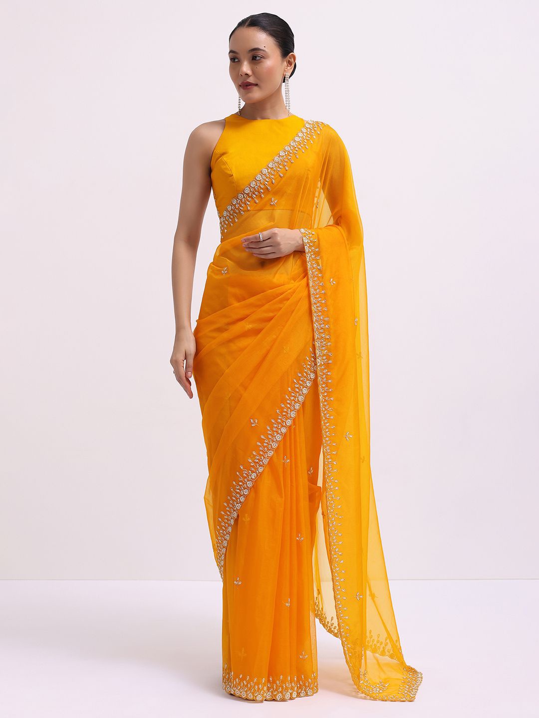 

KALKI Fashion Embellished Beads and Stones Organza Saree, Orange