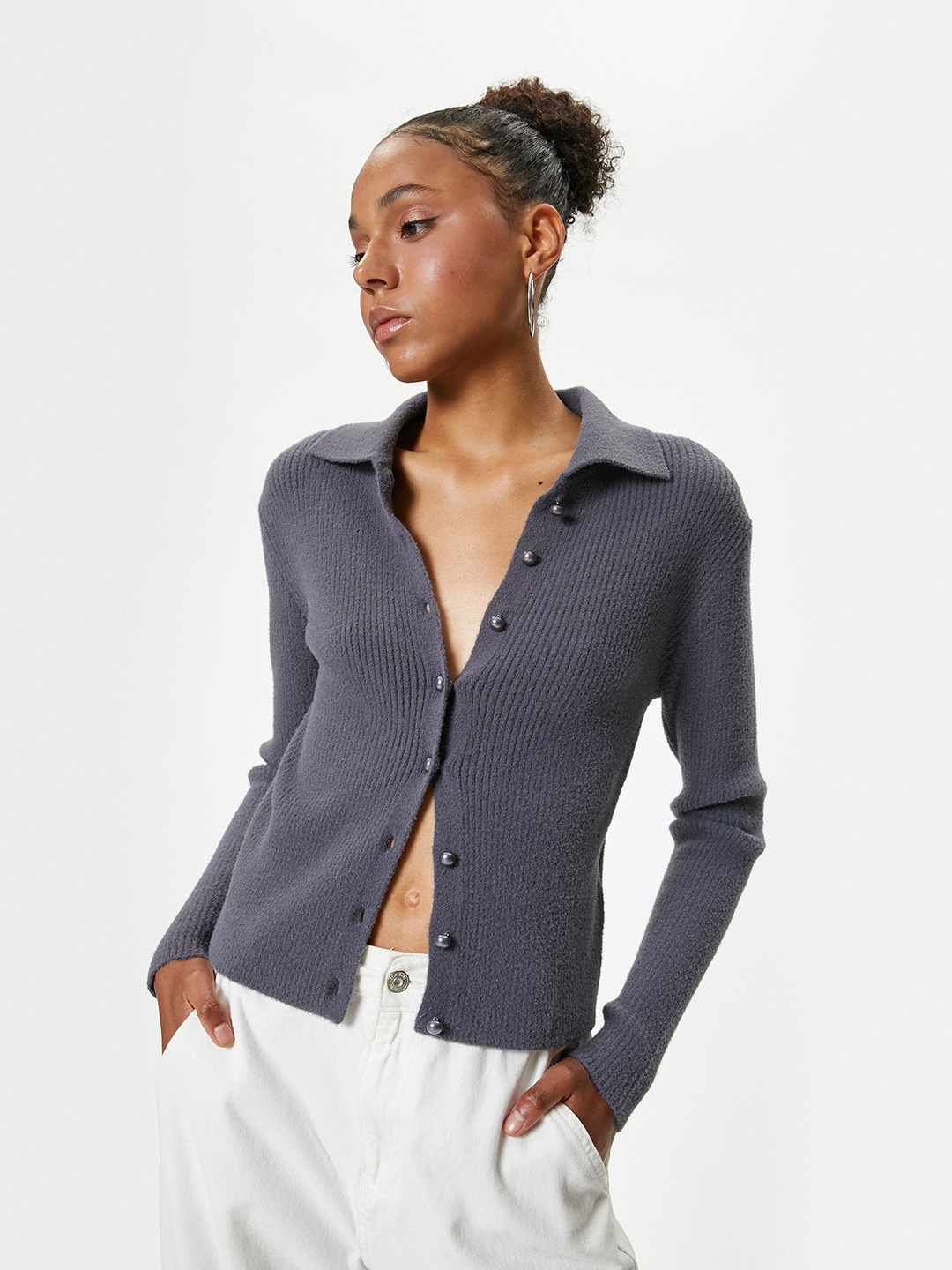 

Koton Women Ribbed Cardigan, Grey