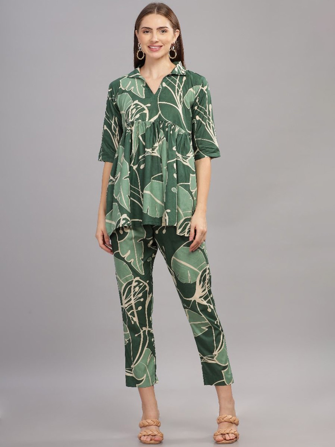 

THE VASILIKI Printed Cotton Top With Trousers Co-Ords, Green