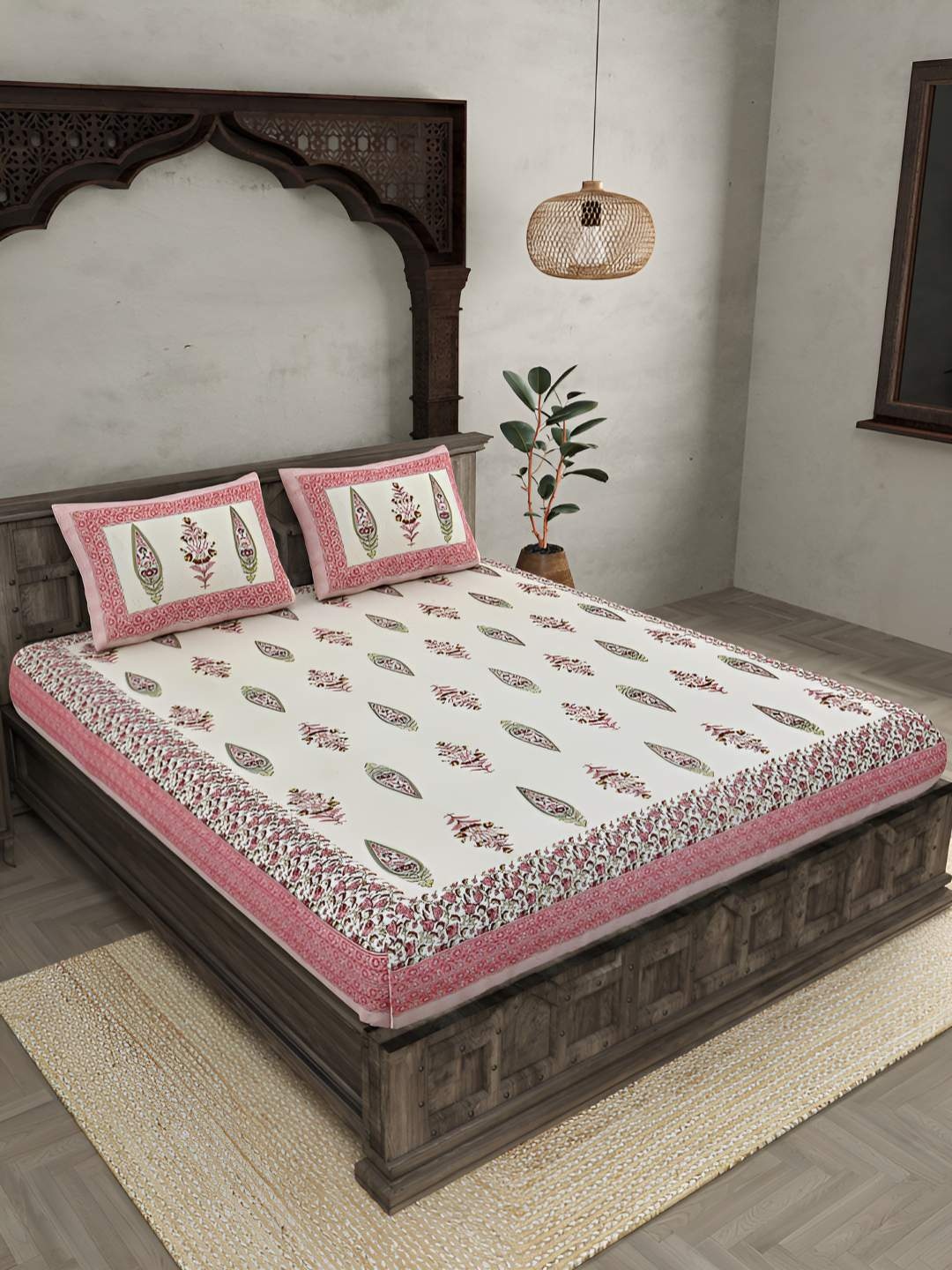 

BED-SHEET.COM Pink Pure Cotton Floral 144 TC King Bedsheet with 2 Pillow Covers
