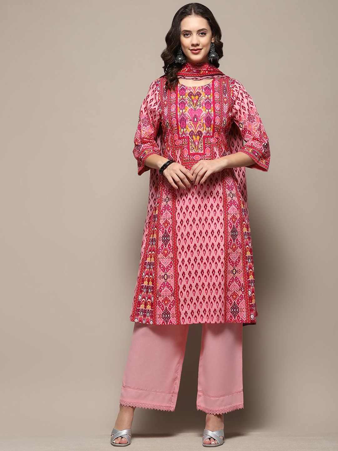 

Biba Ethnic Motifs Printed Pure Cotton Anarkali Kurta With Palazzos & Dupatta, Pink