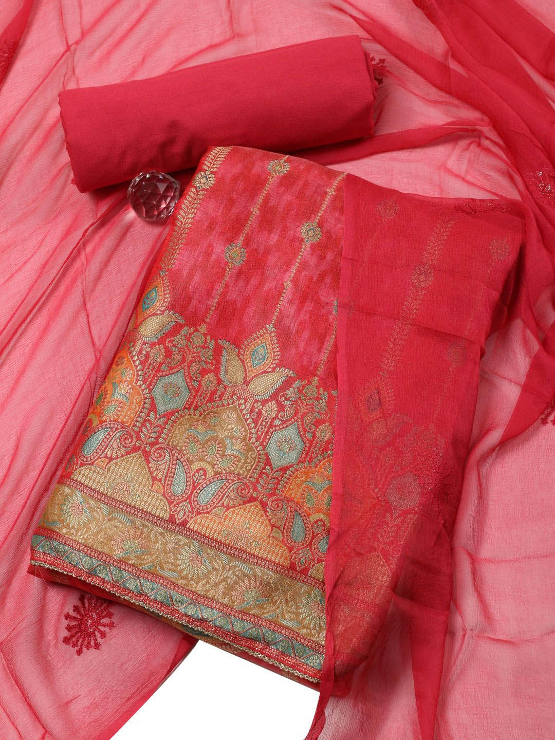 

Meena Bazaar Art Silk Unstitched Dress Material, Red