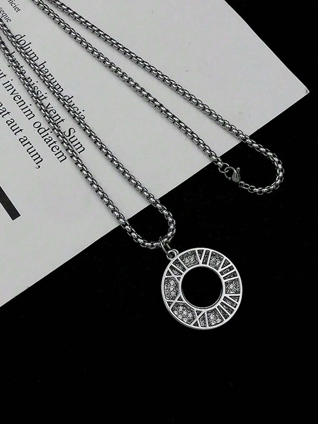 

KRENOZ Men Silver-Plated Stainless Steel Stones-Studded Pendant With Chain