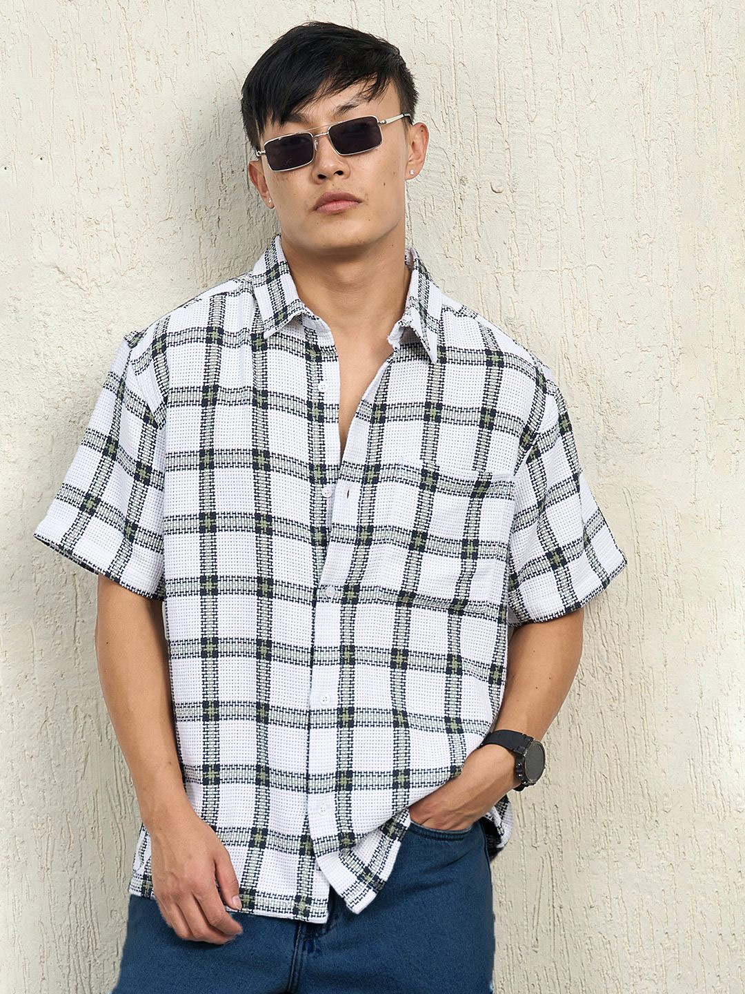 

Hubberholme Men Standard Spread Collar Checked Cotton Oversized Casual Shirt, White