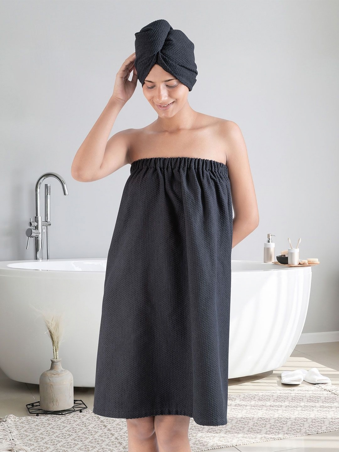 

MYTRIDENT Black Cotton Bath Robe with head scarf