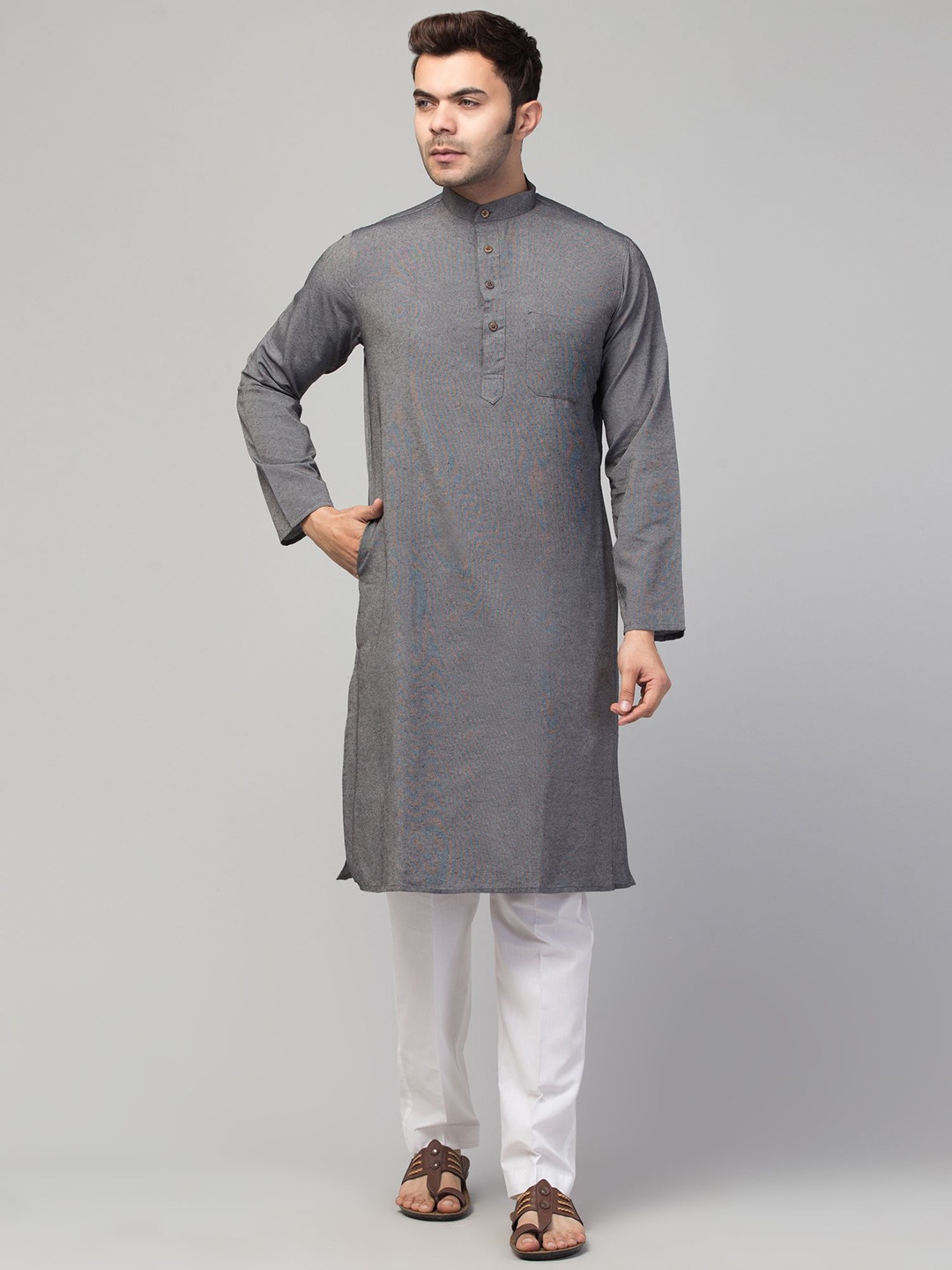 

MUSHKIYA Mandarin Collar Pure Cotton Straight Kurta, Grey