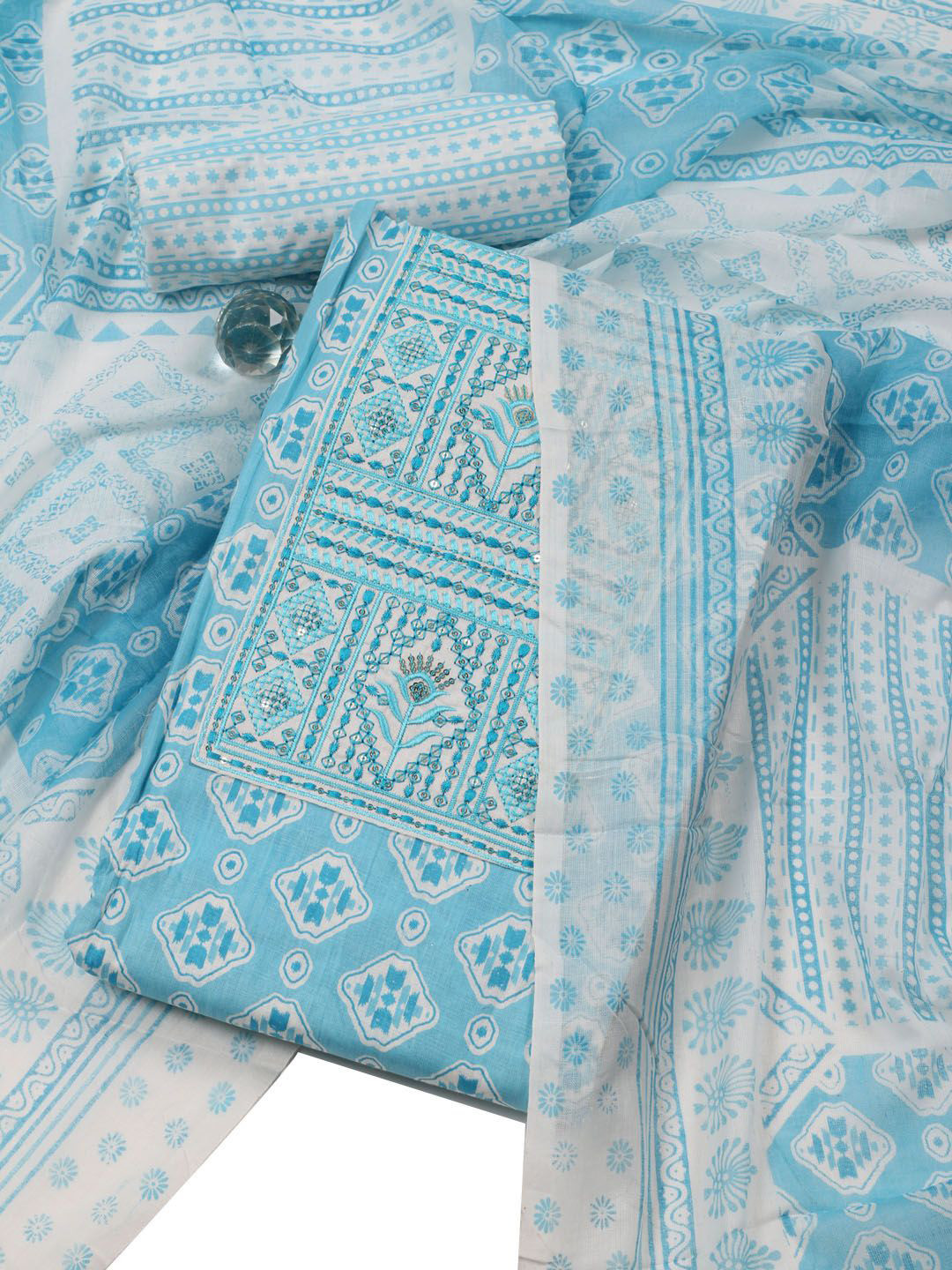 

Meena Bazaar Printed Unstitched Dress Material, Blue