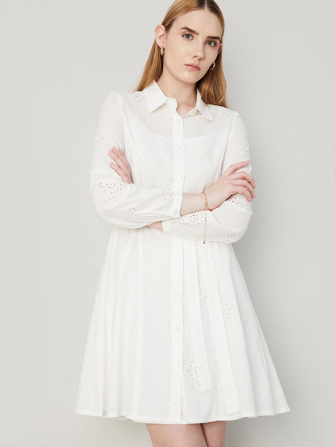 

CODE by Lifestyle Cotton Shirt Schiffli Mini Dress, Off white