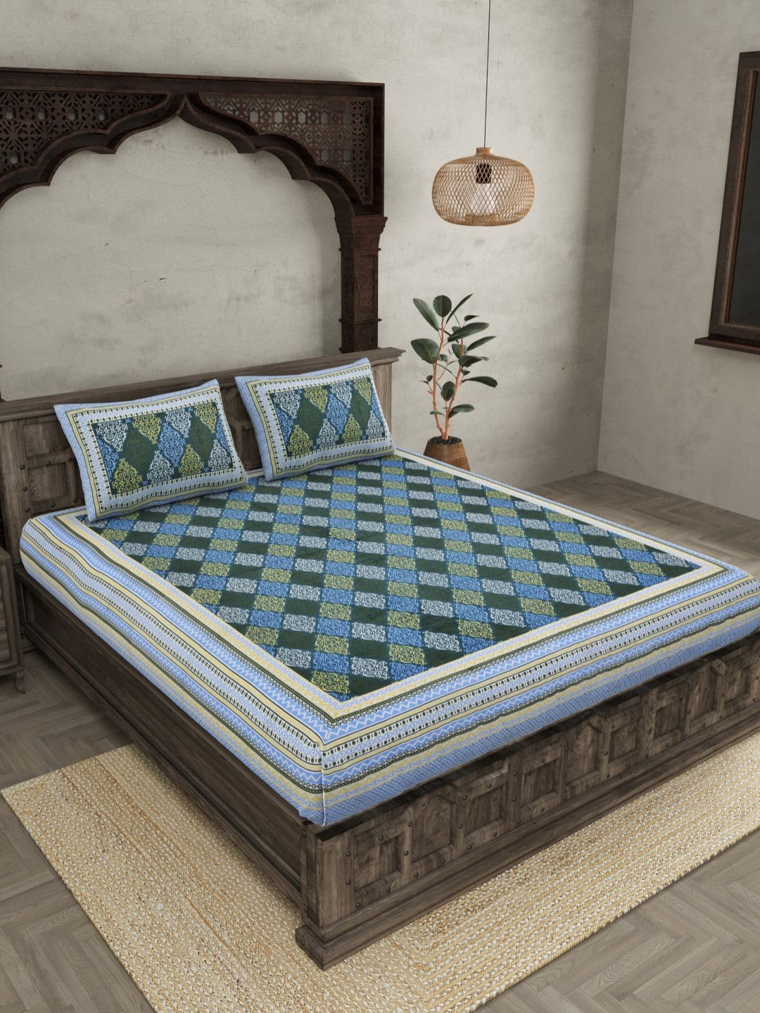 

JAIPUR FABRIC Green Ethnic Motifs 144 TC Pure Cotton King Bedsheet with 2 Pillow Covers