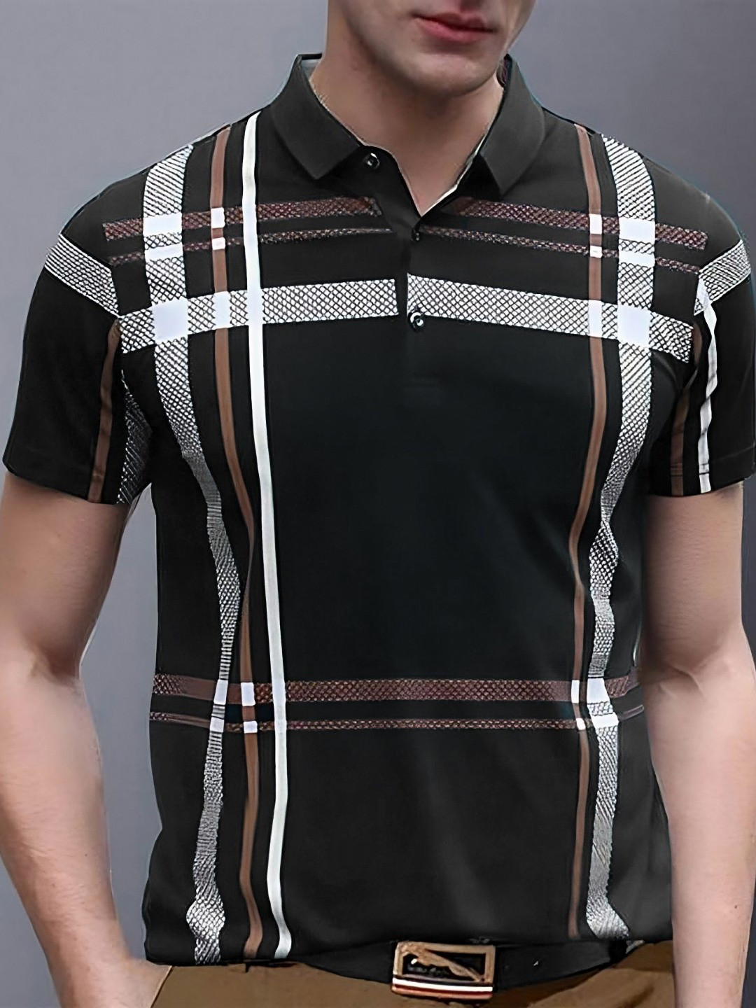 

AUSK Men Striped Polo Collar Cotton T-Shirt, Black