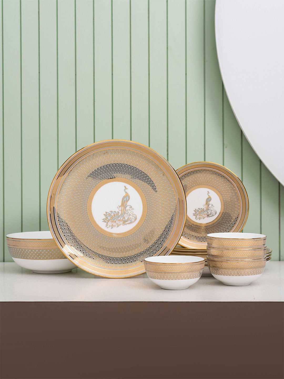 

CLAY CRAFT Ebony White & Gold-Toned 13 Pieces Textured Glossy Ceramic Dinner Set