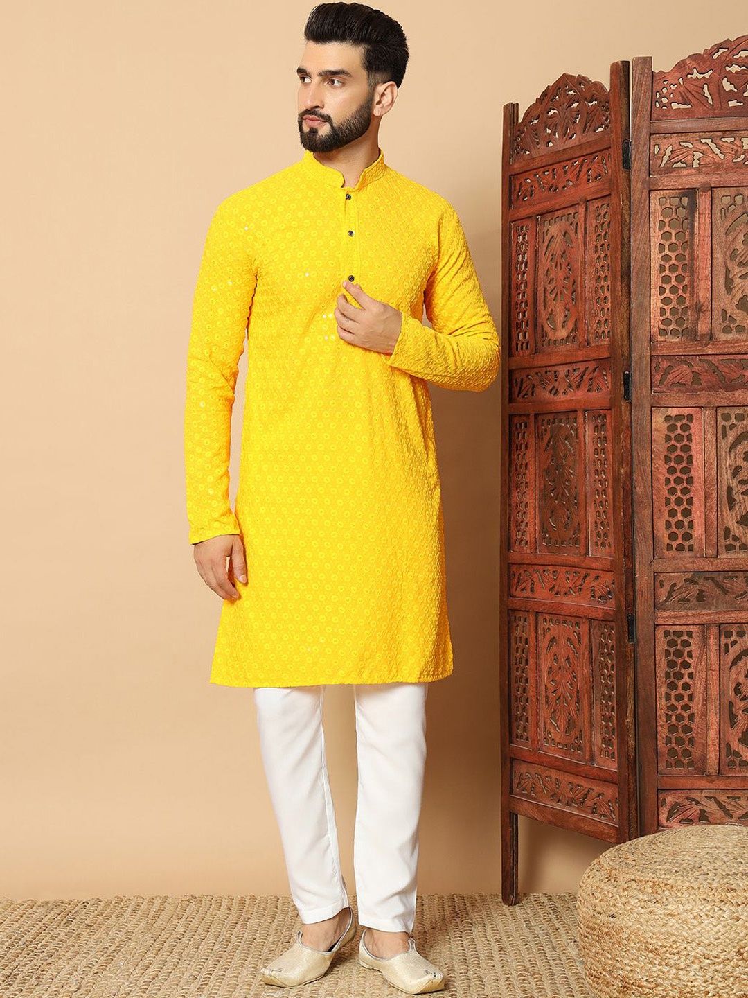 

FoxDX Floral Embroidered Sequinned Mandarin Collar Straight Kurta, Yellow