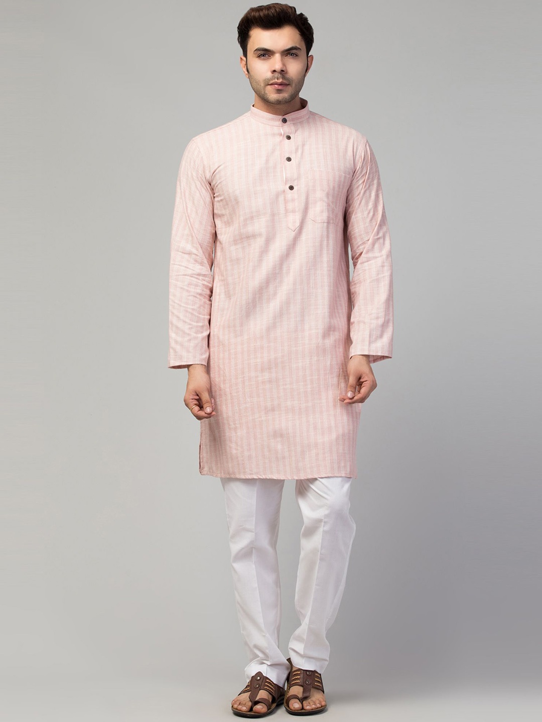 

MUSHKIYA Band Collar Striped Pure Cotton Straight Kurta, Pink