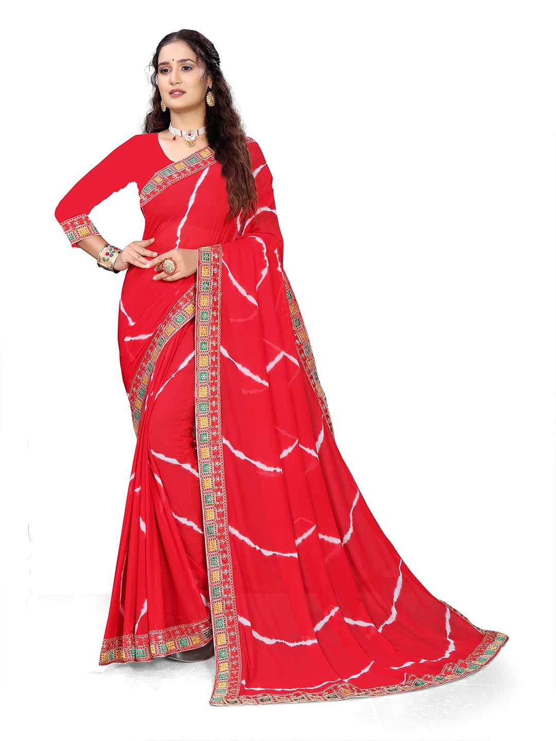 

Pemal Designer Leheriya Embroidered Pure Georgette Leheriya Saree, Red