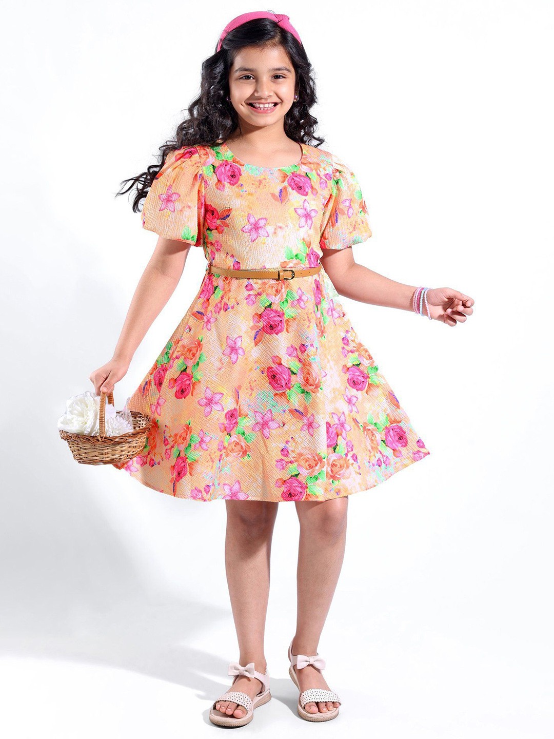 

Hola Bonita Girls Floral Printed Flared Sleeve Fit & Flare Dress, Peach
