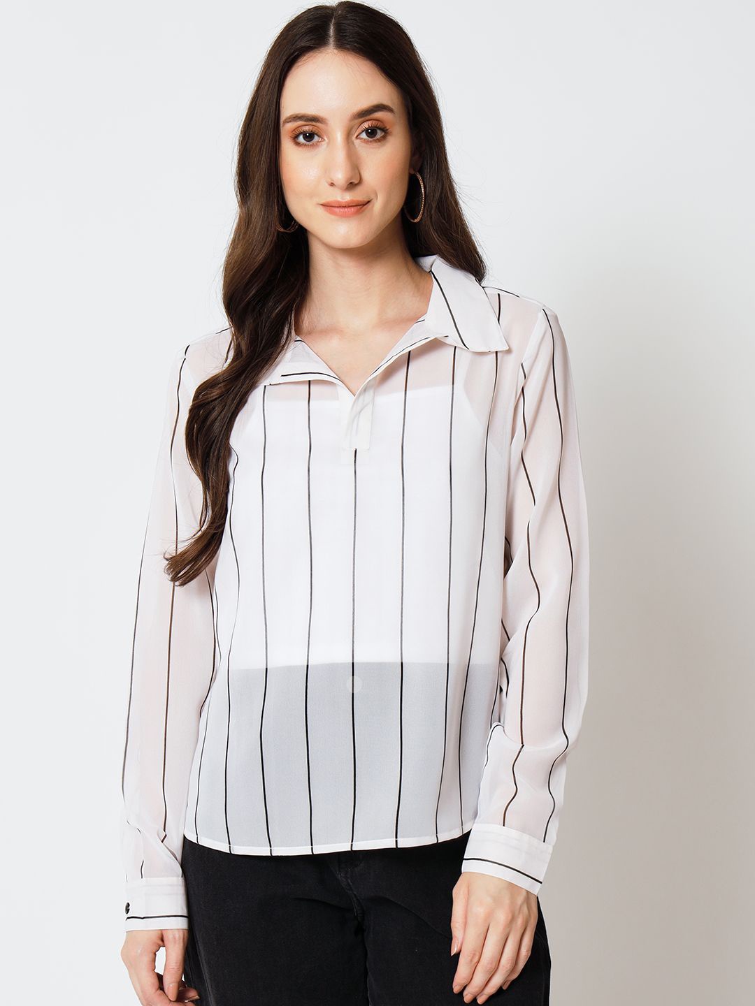 

Yaadleen Women Striped Shirt Collar Top, White